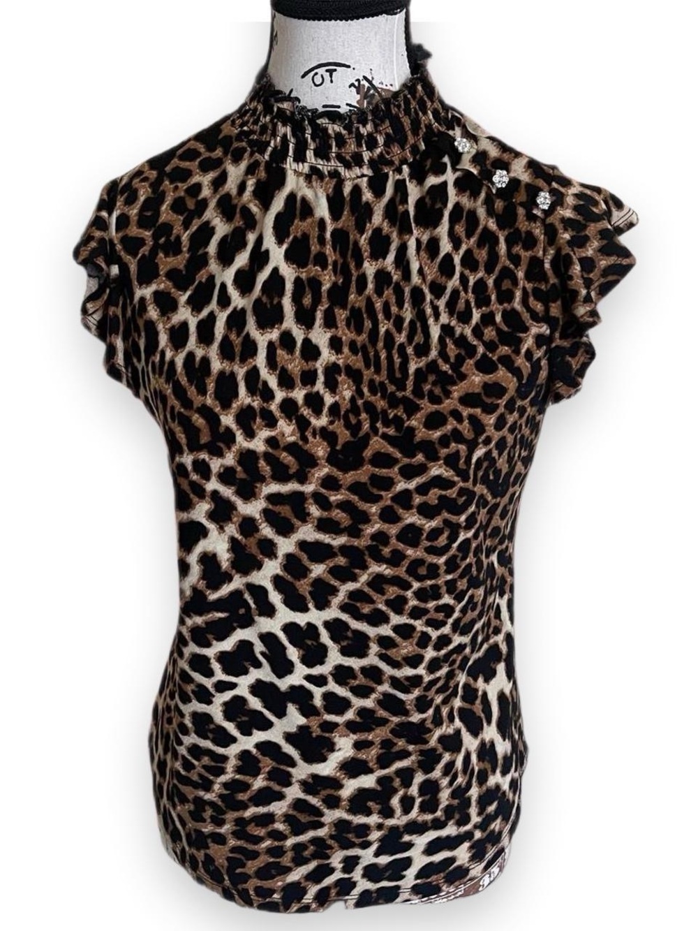 Adrienne Vittadini leopard print blouse, ruffle mock turtleneck, glitter buttons